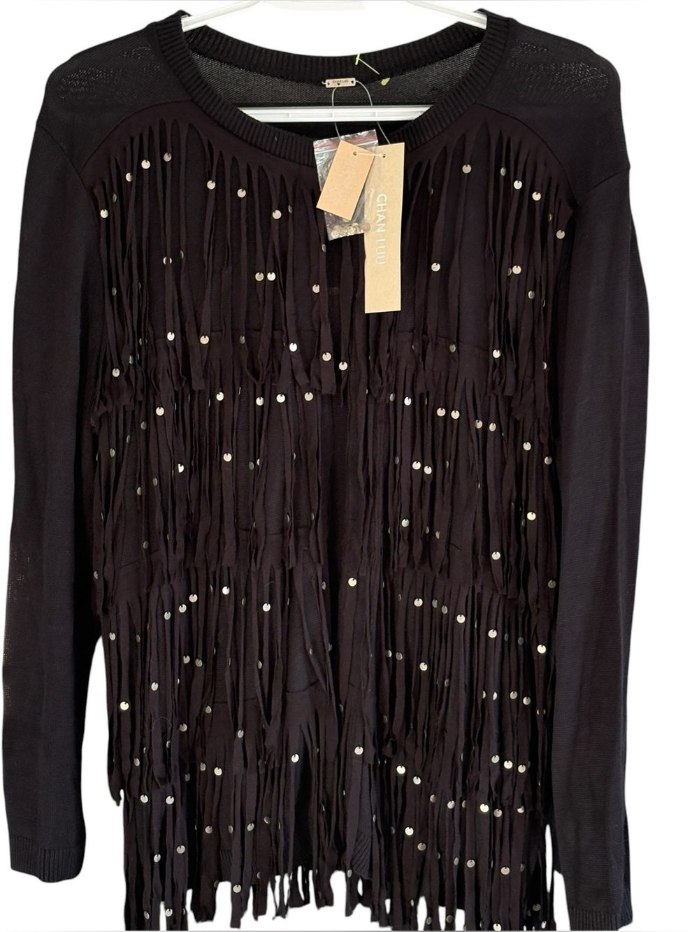 Chan Luu NWT Black Fringe Cardigan Size S Women Embellished Bohemian Chic